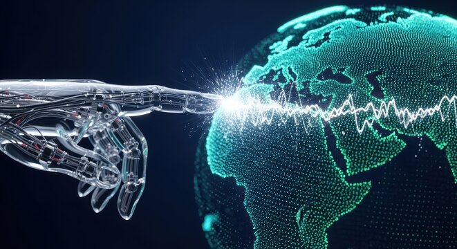 Futuristic robot hand interacts with a digital Earth creating a pulse of connection and advanced technology integration for a globalized world - Powered by Adobe