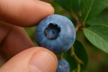 Juicy Blueberry Close-Up: An intimate look at a vibrant blueberry, held delicately between fingers, offering a tantalizing glimpse into the freshness of nature's treats.