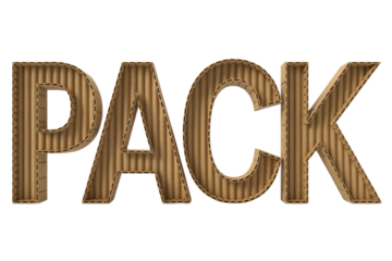 The word "PACK" rendered in realistic 3D corrugated cardboard texture, showing brown material and stitched edges against a green backdrop. background removed