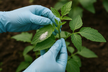 Plant Examination: A close-up view shows a person wearing blue gloves meticulously inspecting the leaves of a thriving green plant.