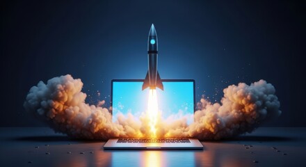Rocket blasting off from a laptop screen symbolizes business startup technological innovation and achieving project goals