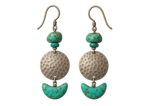 Silver and turquoise earrings isolated on a transparent background, jewelry