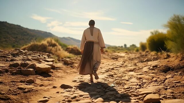 Pilgrim walks ancient desert path under warm sun, seeking spiritual journey and inner peace.