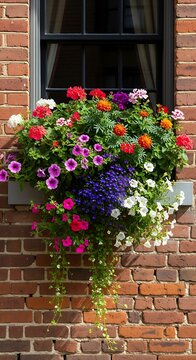 Vibrant Window Box Overflowing with Colorful Blooms Against Rustic Brick Wall.