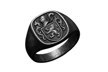 Engraved heraldic ring with lion on shield, isolated on transparent background