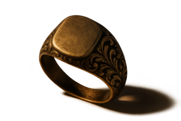 Ornate gold signet ring on transparent background, vintage style jewelry