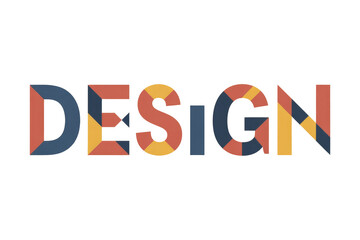 Bold "DESIGN" text featuring colorful geometric mosaic patterns in blue, orange, and yellow shapes on a solid dark transparent background. background removed