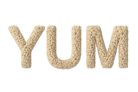 The word 'YUM' is spelled out using individual puffed rice grains, forming textured, edible letters against a clean, solid transparent background. background removed - Powered by Adobe