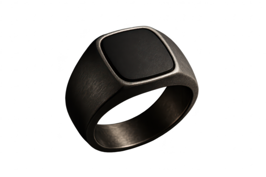 Elegant men's ring with a black onyx stone isolated on transparent background