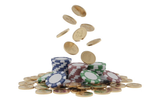 Falling gold coins and stacked casino chips create a vibrant scene of gambling, wealth, and chance on a transparent background. background removed