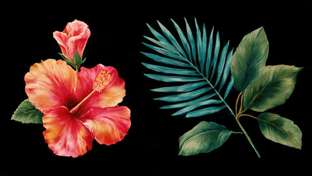 Vibrant tropical botanical illustration featuring a red hibiscus flower, a teal palm frond, and lush green leaves on a transparent background.