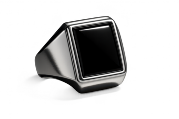 Stylish silver ring with black stone isolated on transparent background view