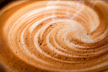 Extreme close-up macro shot of steaming coffee foam in a mug. The creamy texture and tiny bubbles are highlighted by warm light. Conveys comfort, aroma, and morning energy