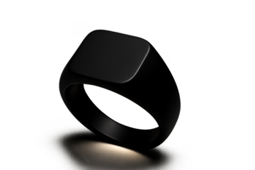 Elegant black signet ring, isolated on transparent background, stylish design