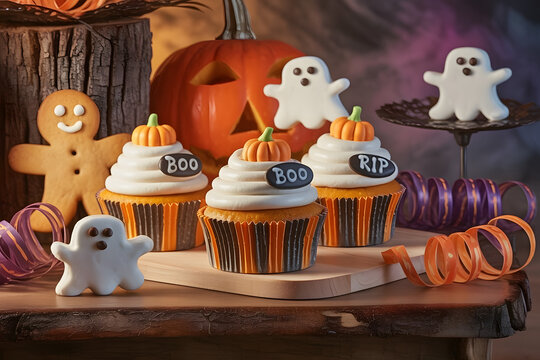 Halloween cupcakes with ghost and gingerbread cookies festive dessert treats for holiday celebration on a wooden table