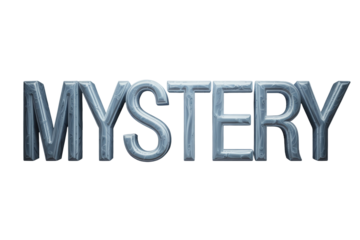 Intricately textured 3D 'MYSTERY' text, featuring a metallic, ice-like appearance with ornate carvings on a green backdrop. background removed