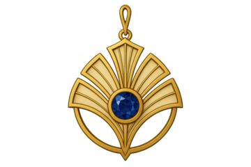 Elegant golden medallion with blue gemstone isolated on transparent background