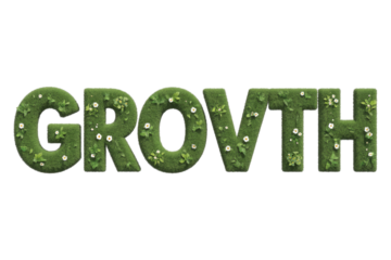 Lush green grass letters spell "GROWTH," adorned with delicate white flowers and vibrant leaves, symbolizing natural progression and vitality. background removed