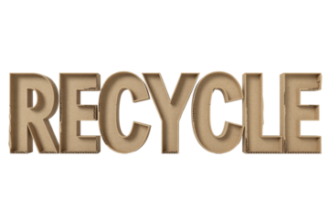 The word 'RECYCLE' is creatively crafted from 3D cardboard letters, symbolizing environmental consciousness, sustainability, and eco-friendly practices. A clear message. background removed