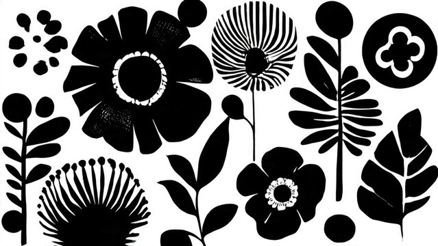 A graphic black and white illustration showcasing diverse stylized floral and botanical motifs in a bold, abstract, and modern art pattern. - Powered by Adobe