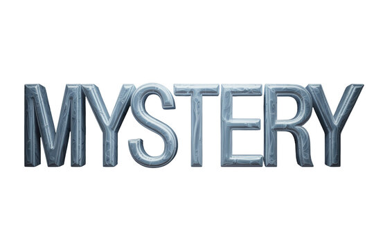 Intricately textured 3D 'MYSTERY' text, featuring a metallic, ice-like appearance with ornate carvings on a green backdrop. background removed - Powered by Adobe