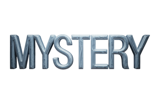 Intricately textured 3D 'MYSTERY' text, featuring a metallic, ice-like appearance with ornate carvings on a green backdrop. background removed