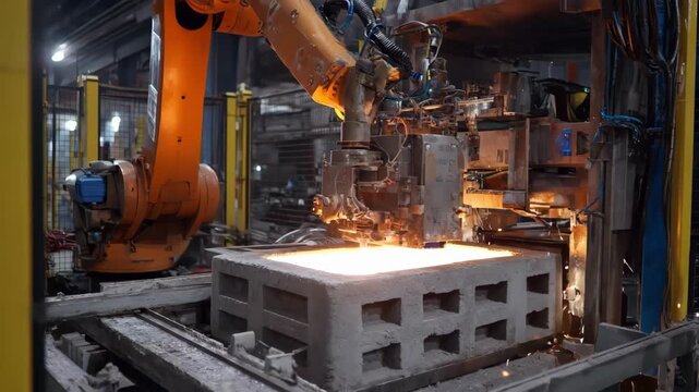 Medium shot of a robotic system controlling the pouring process into a mold demonstrating reduced human error in casting operations.