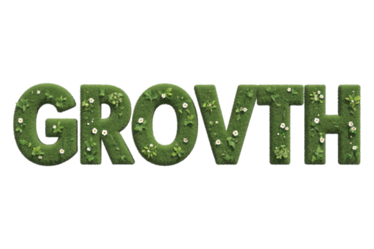 Lush green grass letters spell "GROWTH," adorned with delicate white flowers and vibrant leaves, symbolizing natural progression and vitality. background removed