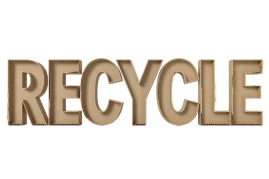 The word 'RECYCLE' is creatively crafted from 3D cardboard letters, symbolizing environmental consciousness, sustainability, and eco-friendly practices. A clear message. background removed