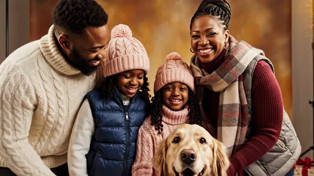 Family portrait session with dog and festive decorations
