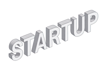 3D isometric text spelling 'STARTUP' with a subtle grid overlay, rendered in white on a solid dark transparent background, symbolizing new business ventures and innovation. background removed
