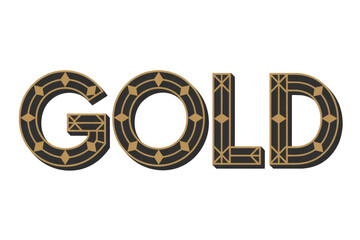Art Deco style word 'GOLD' featuring intricate geometric black and gold patterns, creating an elegant and luxurious visual design on a transparent background. background removed