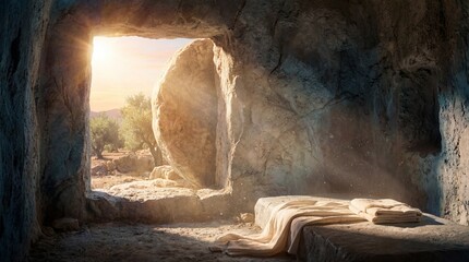 Fototapeta premium Divine morning light floods into the empty tomb, illuminating the discarded burial cloths in a cinematic scene of hope and resurrection.