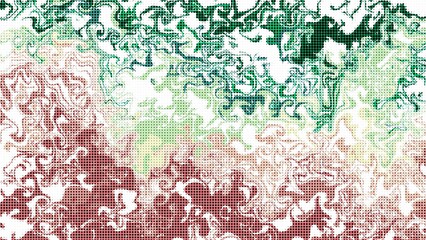 Abstract halftone textured waves in green and red tones with flowing organic movement and artistic forms.