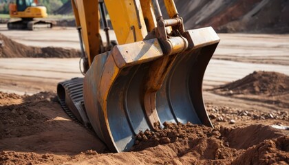 Heavy industrial excavator digging soil at a construction site