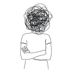 One continuous line drawing of a woman profile with chaotic scribbles inside her brain, representing stress, ADHD, and mental disorder in abstract art form. Doodle vector illustration