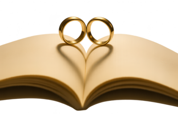 Two golden wedding rings on an open book with transparent background show love
