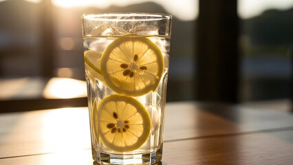 A refreshing glass of water with lemon slices, illuminated by natural sunlight