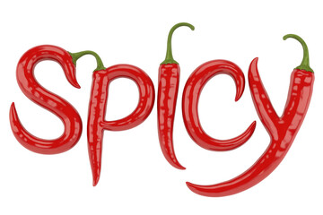 The word 'Spicy' is creatively formed by vibrant red chili peppers with green stems, conveying heat and flavor in a playful design. background removed