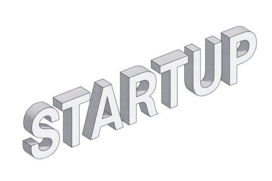 3D isometric text spelling 'STARTUP' with a subtle grid overlay, rendered in white on a solid dark transparent background, symbolizing new business ventures and innovation. background removed