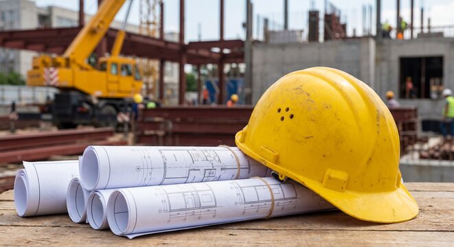 Yellow safety helmet on architectural blueprints at construction site - Powered by Adobe