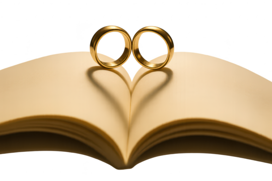 Two golden wedding rings on an open book with transparent background show love - Powered by Adobe