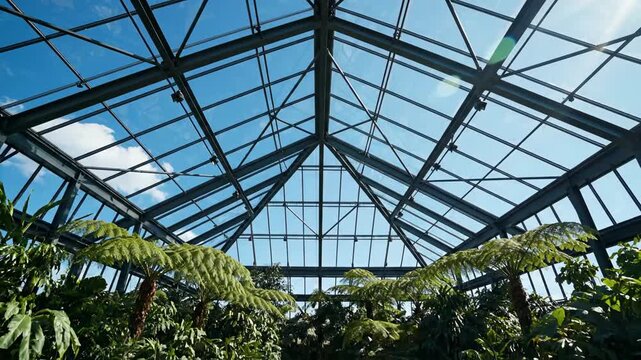 Modern greenhouse structure with lush greenery and bright sunlight under clear blue sky