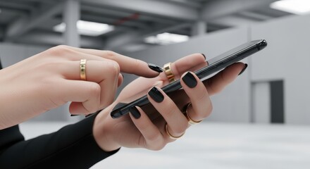 Woman using smartphone with black nail polish and rings in industrial setting for mobile connection or communication online