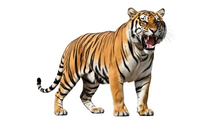 A majestic tiger roaring with its mouth wide open, showcasing its powerful presence 
