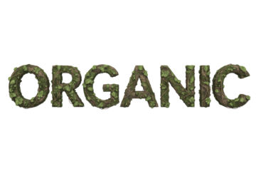 The word 'ORGANIC' is visually crafted with letters made of textured roots, soil, and vibrant green leaves, conveying a natural and eco-friendly message. background removed