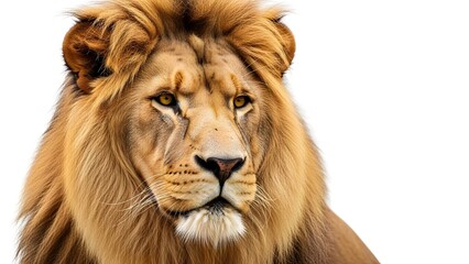 Naklejka premium Majestic lion portrait showing a close-up of the lion's head. The lion has a large mane.
