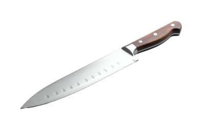 Sharp metal chef's knife with a wooden handle on black background