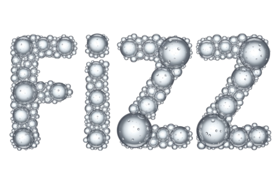 The word "FIZZ" is creatively spelled out with interconnected, clear liquid bubbles, evoking effervescence and a refreshing sensation. background removed