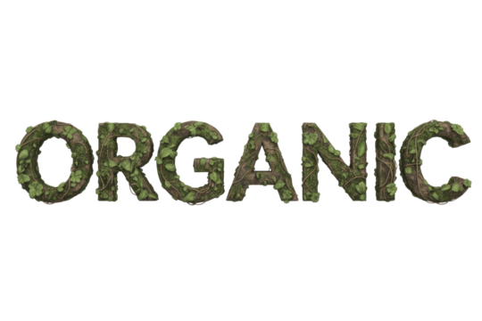 The word 'ORGANIC' is visually crafted with letters made of textured roots, soil, and vibrant green leaves, conveying a natural and eco-friendly message. background removed